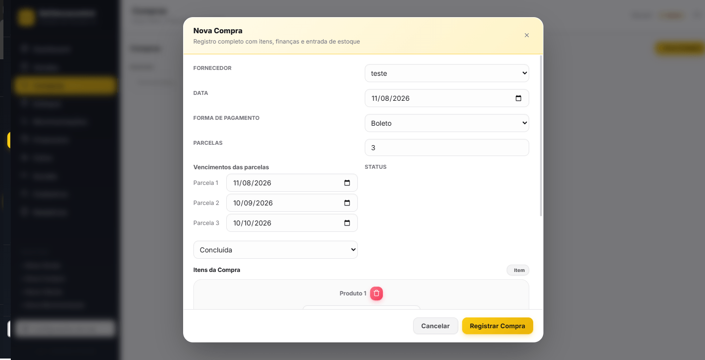 Nova compra com fornecedor, itens e importação de XML de NF-e