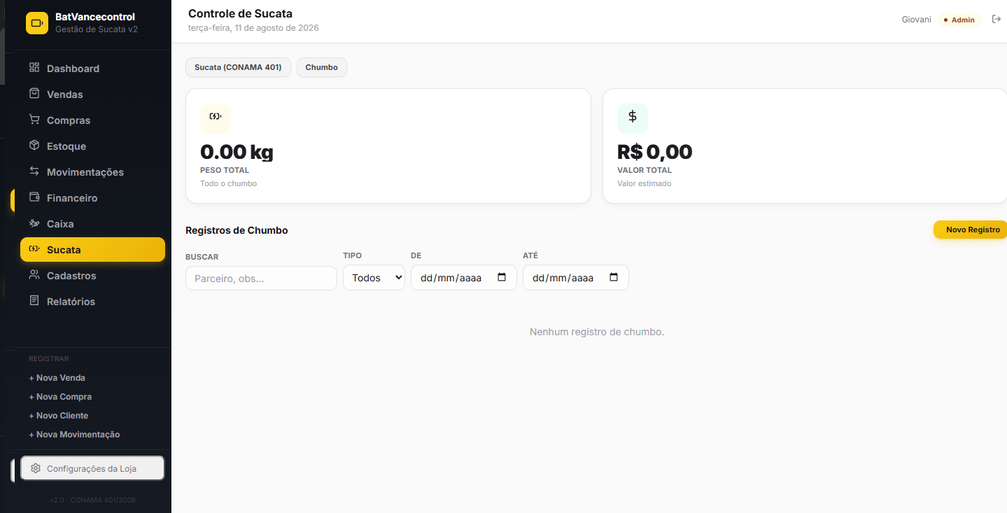 Módulo de sucata com recebimentos por peso, envios à fábrica e conferência